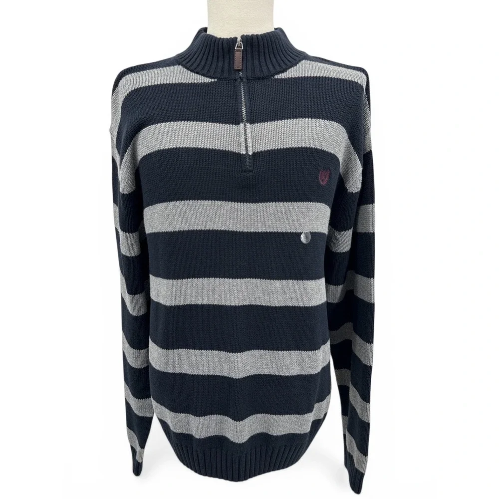 Chaps Mens Sz XXL Quarter Zip Sweater Navy Gray‎ Stripe 100% Cotton Pullover NWT